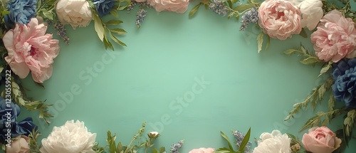 Fototapeta Naklejka Na Ścianę i Meble -  Floral Frame Border Pastel Peonies Green Background