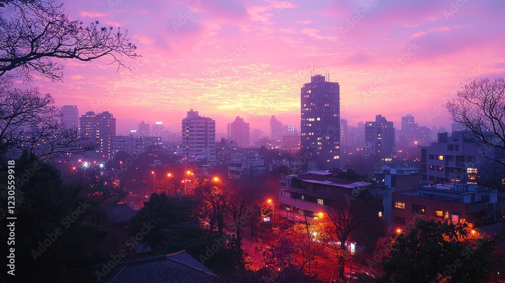 Fototapeta premium City Skyline at Dusk with Vibrant Pink Hues
