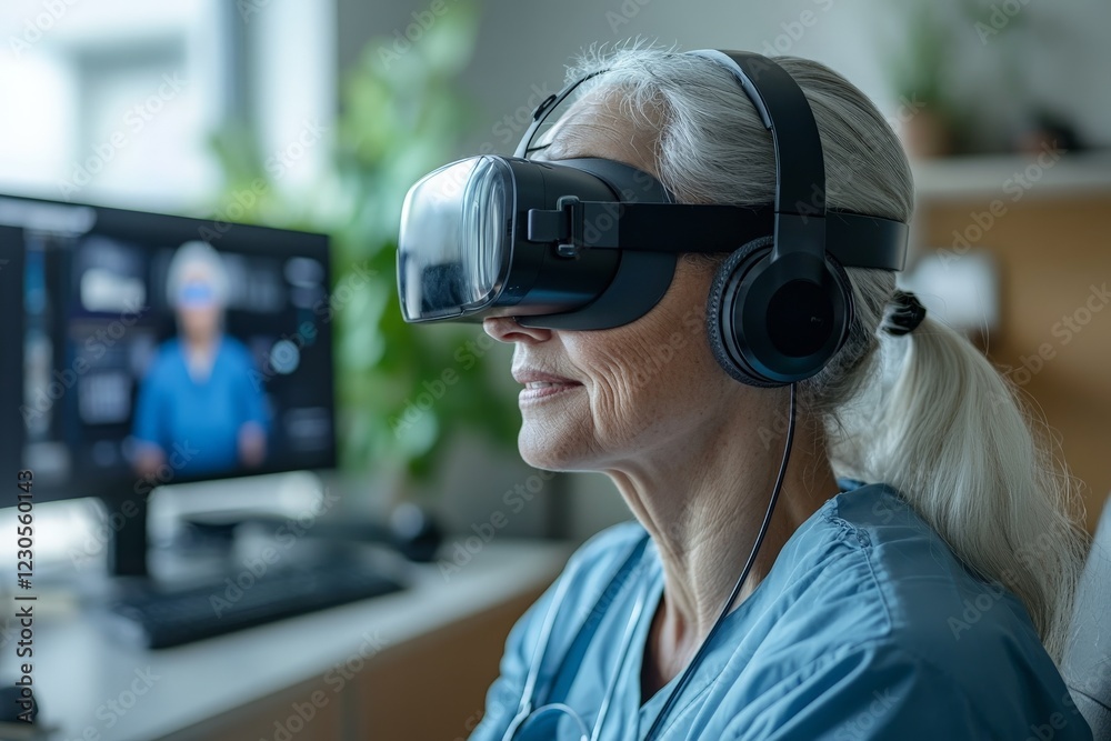 Senior woman engages in virtual reality experience while wearing headset at home in a bright environment Senior woman engages in virtual reality experience while wearing headset at home in a bright environment