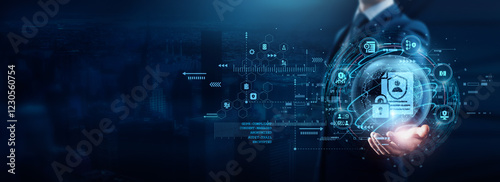 Businessman holding data privacy policies and strategies, ensuring compliance with regulations to protect customer information, maintain trust. Implementing robust data protection measures safeguards.