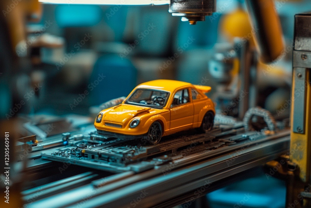 Golden toy car on a production line in a vibrant workshop filled with tools and machinery Golden toy car on a production line in a vibrant workshop filled with tools and machinery