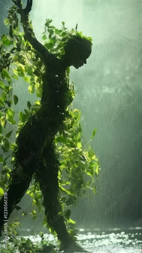Various green leaves forming the body of a ballerina dancing in a wet forest. Water, environment and ecology concept
