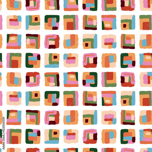 Geometric mosaic summer seamless pattern. Abstract hand drawn design with square shapes, checkered modern colorful print, cute childish vector background, decorative wallpaper, textile design, fabric.