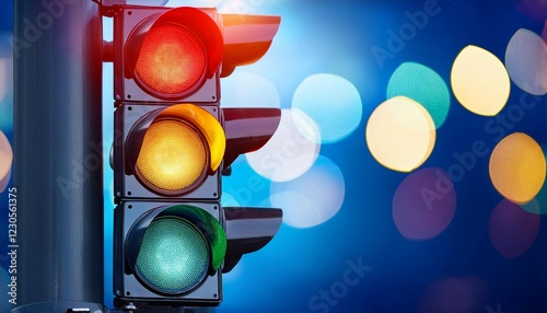 a brightly lit traffic signal with red yellow and green lights against a blue bokeh background
