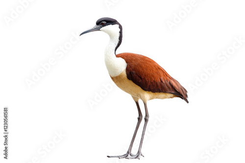 African Jacana Bird with a white head and a red body stands on a transparent background photo