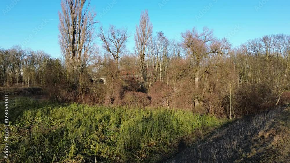 Drone view captured in flight with Bockerlbahn bridge, a former railway bridge near Landau an der Isar, Dingolfing-Landau, Bavaria, Germany Drone view captured in flight with Bockerlbahn bridge, a former railway bridge near Landau an der Isar, Dingolfing-Landau, Bavaria, Germany