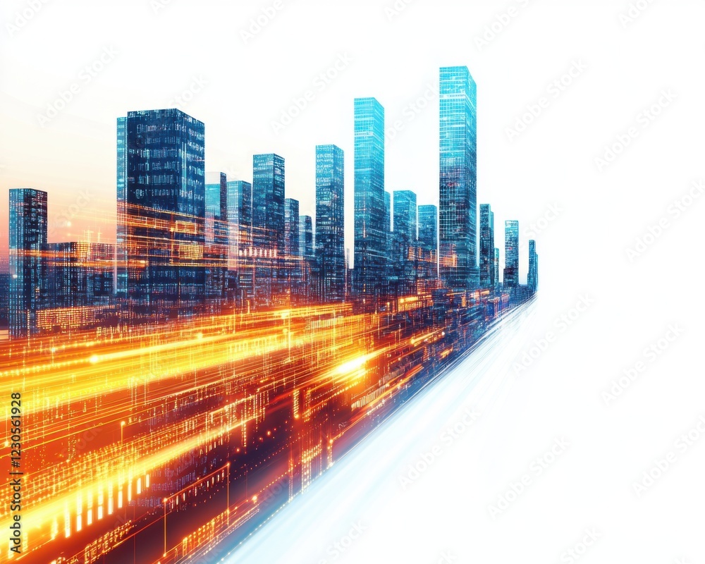 Obraz premium Dynamic cityscape with blurred light trails.