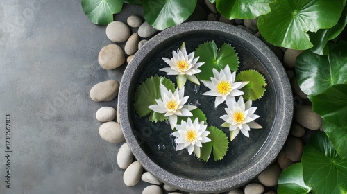 Elegant lily flowers floating in tranquil water.