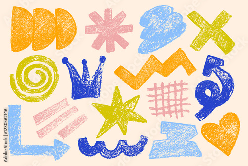 Set of hand drawn crayon shapes and forms. Childish crayon elements. Doodle geometric crayon shapes in retro style.	
