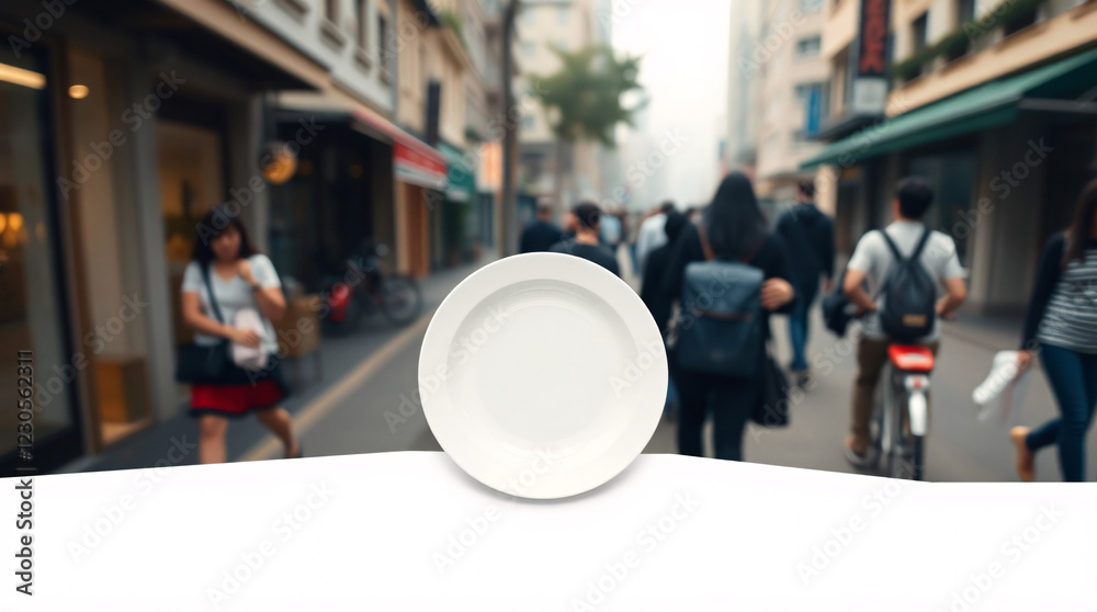 Minimalist empty white plate with blurred city street background Minimalist empty white plate with blurred city street background