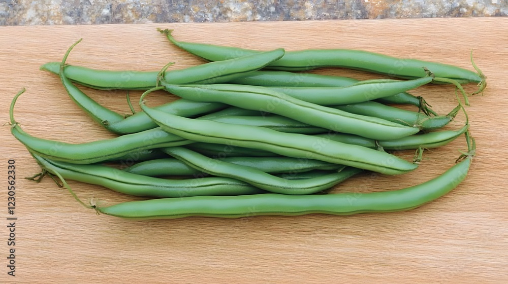 Fresh Green Beans on Wooden Board, Healthy Food Photography