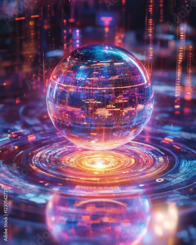 Futuristic digital sphere in glowing patterns.