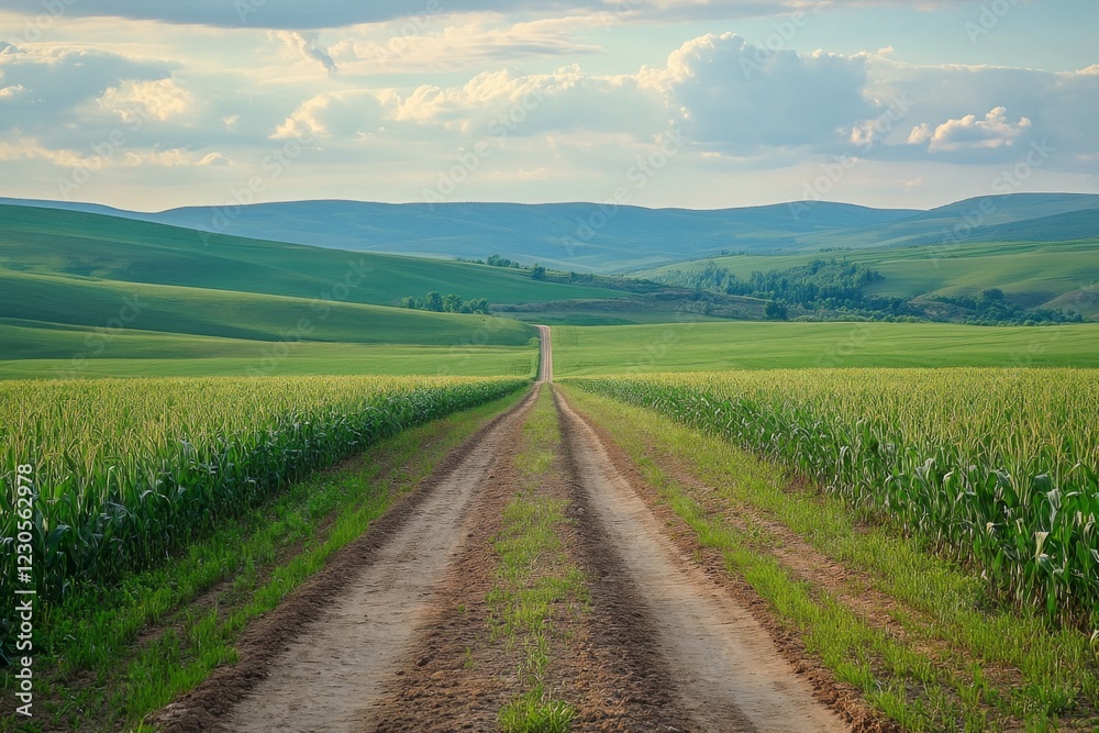 Rural Landscape with Dirt Road and Green Hills Rural Landscape with Dirt Road and Green Hills