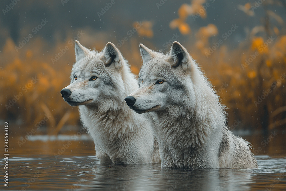 Obraz premium Two Majestic Wolves Stand Together In Water
