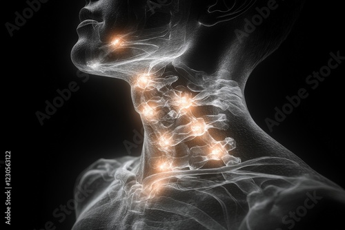 Detailed view of human cervical spine highlighting key vertebrae and nerves in anatomical illustration photo