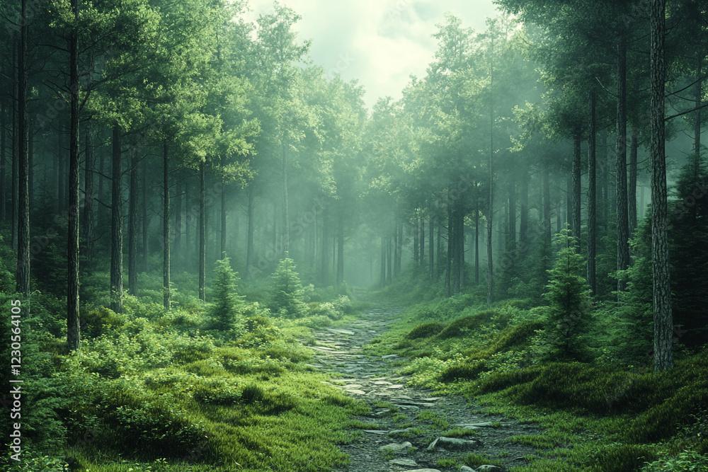 Obraz premium Misty Forest Path Winding Through Lush Green Trees