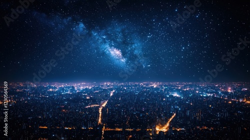 Night Cityscape Underneath a Starlit Milky Way Galaxy photo