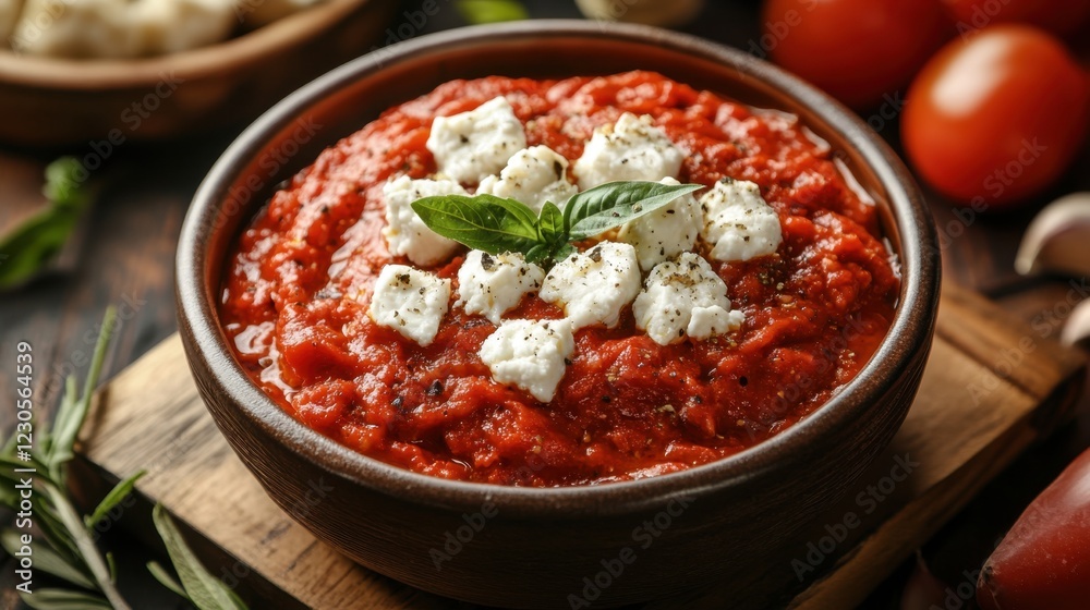 Delicious tomato dip with feta and basil garnish Delicious tomato dip with feta and basil garnish
