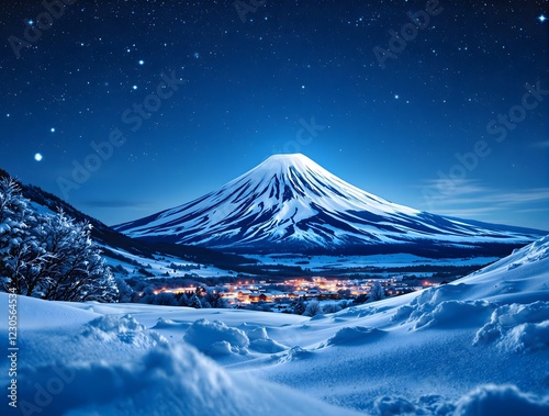 Mont Fuji sous un ciel étoilé avec reflets des lumières du village dans le lac Kawaguchi
