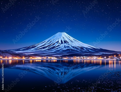 Mont Fuji sous un ciel étoilé avec reflets des lumières du village dans le lac Kawaguchi