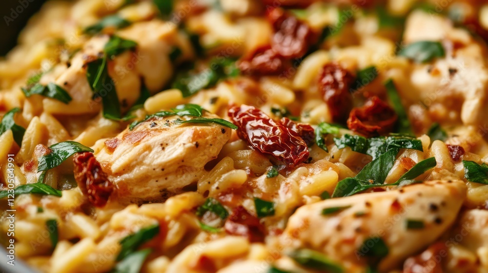 Creamy orzo with chicken, sun-dried tomatoes, and fresh spinach Creamy orzo with chicken, sun-dried tomatoes, and fresh spinach