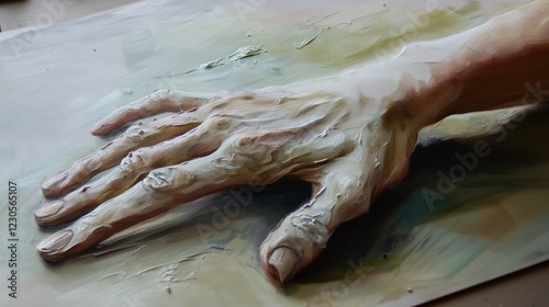 Close-up of a sculpted hand on textured canvas, painted in thick layers of oil, creating a three-dimensional effect with rough brush strokes, emphasizing realism and expressive artistry.