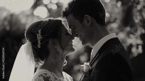 Romantic black and white portrait of a newlywed couple on their wedding day, standing close with foreheads touching, smiling lovingly at each other, set against a softly blurred outdoor background.