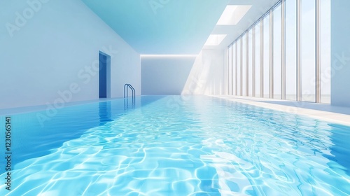 Modern indoor swimming pool with crystal-clear blue water reflecting sunlight from large floor-to-ceiling windows