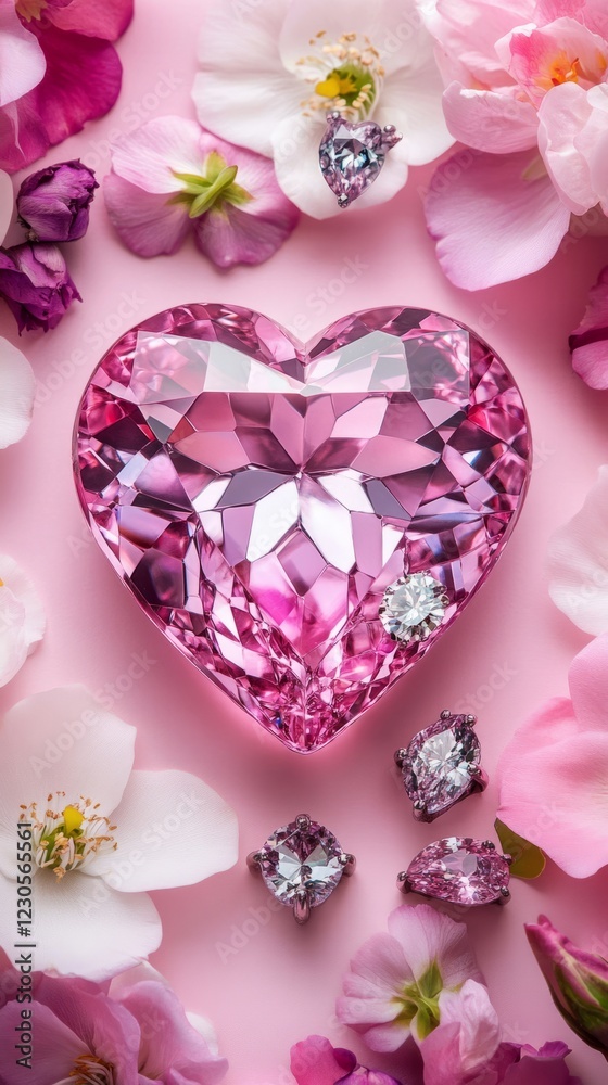 A Heart-Shaped Pink Diamond Surrounded By Delicate Pink Flowers On A Pink Background. The Scene Is Romantic And Luxurious.
