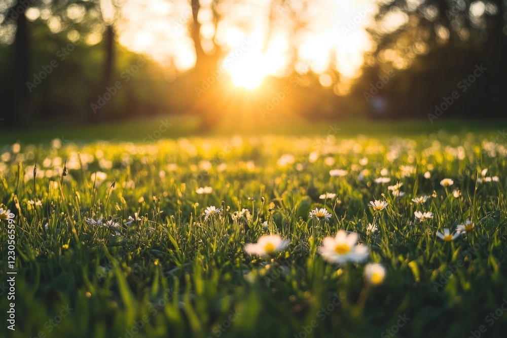 Fototapeta premium A stunning golden hour scene of a field covered in daisies, showcasing the beauty of nature illuminated by the warm glow of the setting sun in a serene environment.