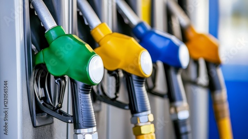 Colorful fuel pumps lined up at a gas station, showcasing different fuel types and their nozzles