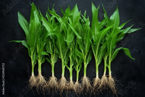 Young Corn Plants on Dark Background