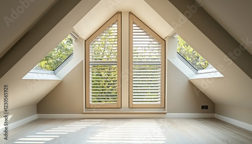 Modern mansard roof window fitted with shutter blinds, d for a cozy attic room