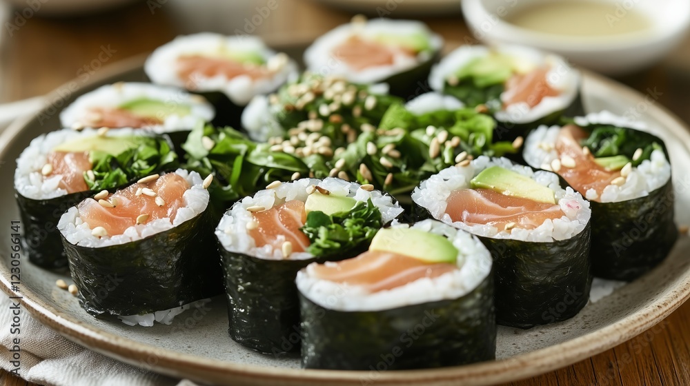 Delicious salmon and avocado maki sushi rolls with sesame seeds and seaweed Delicious salmon and avocado maki sushi rolls with sesame seeds and seaweed