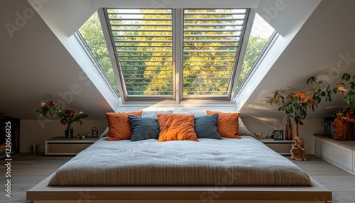 Modern mansard roof window fitted with shutter blinds, d for a cozy attic room photo