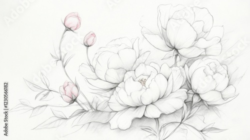 Fototapeta Naklejka Na Ścianę i Meble -  National Grilled Cheese Month Elegant floral pencil sketch featuring delicate peonies and budding blooms