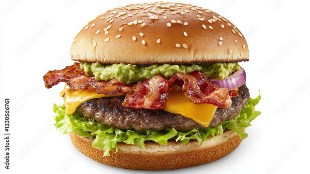 Delicious gourmet burger with bacon, cheese, and guacamole on sesame bun for restaurant menu design Delicious gourmet burger with bacon, cheese, and guacamole on sesame bun for restaurant menu design