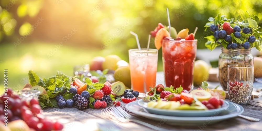 Vibrant summer picnic scene featuring fresh fruits and colorful drinks on a table in a sunny garden.