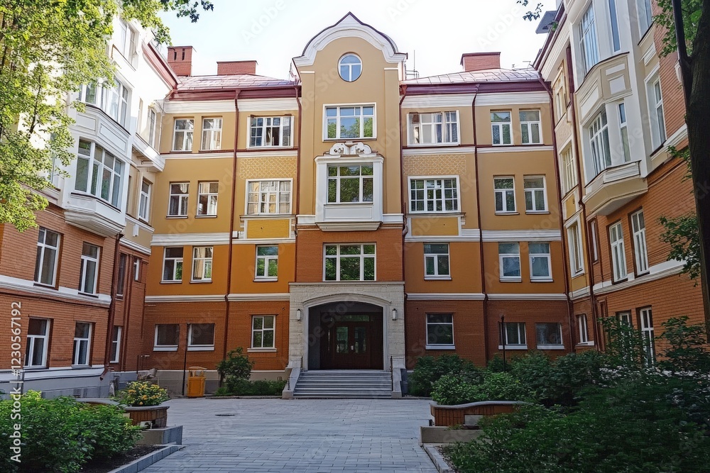 Naklejka premium Vintage residential building surrounded by trees in a quiet urban neighborhood during daylight