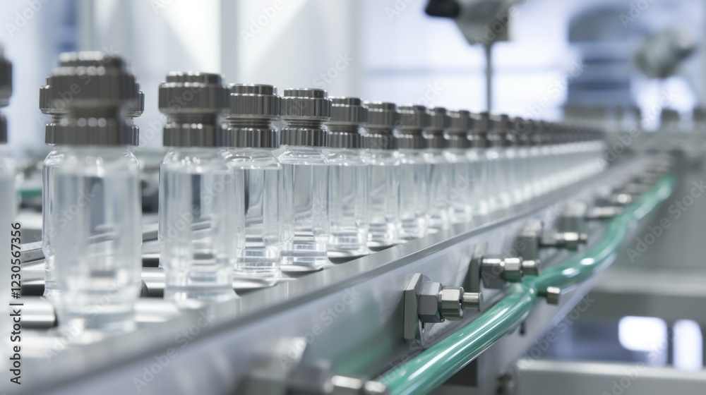 Sterile glass vials on automated production line in pharmaceutical factory Sterile glass vials on automated production line in pharmaceutical factory