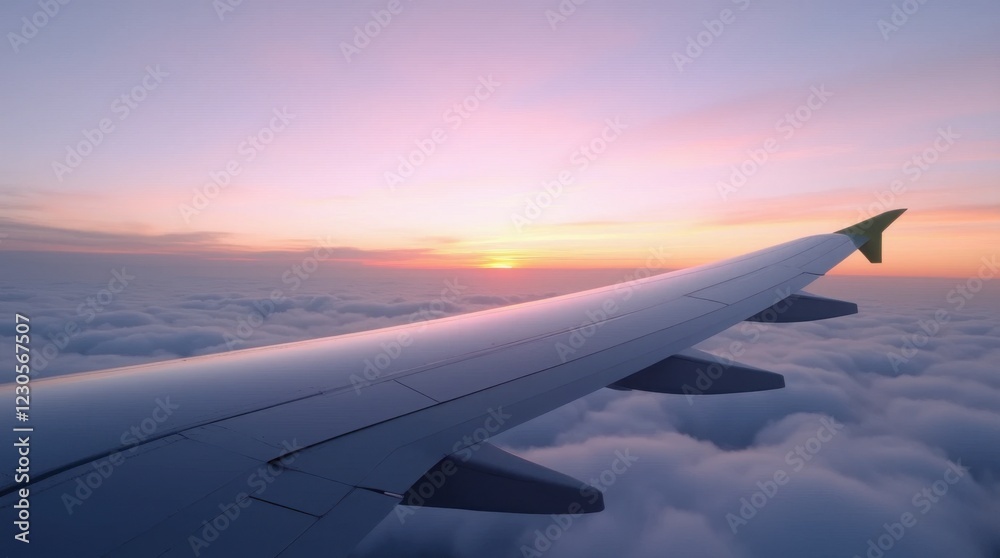 Obraz premium Airplane Wing Above the Clouds at Sunset