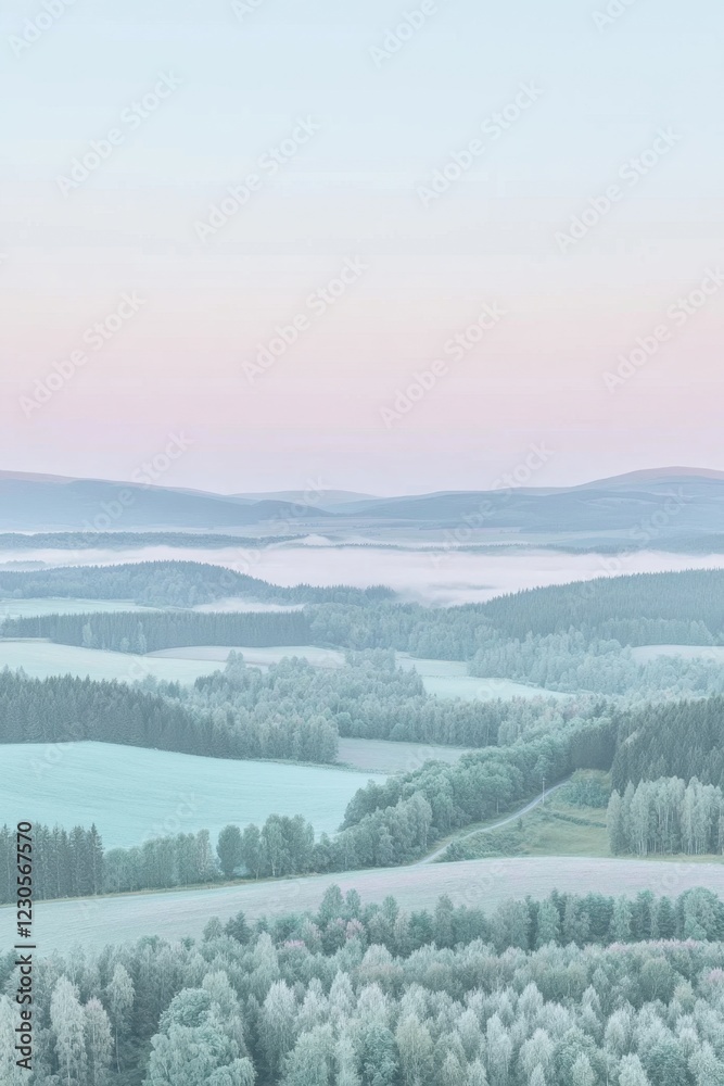 Obraz premium Serene landscape with rolling hills, forests, and misty horizon at dawn