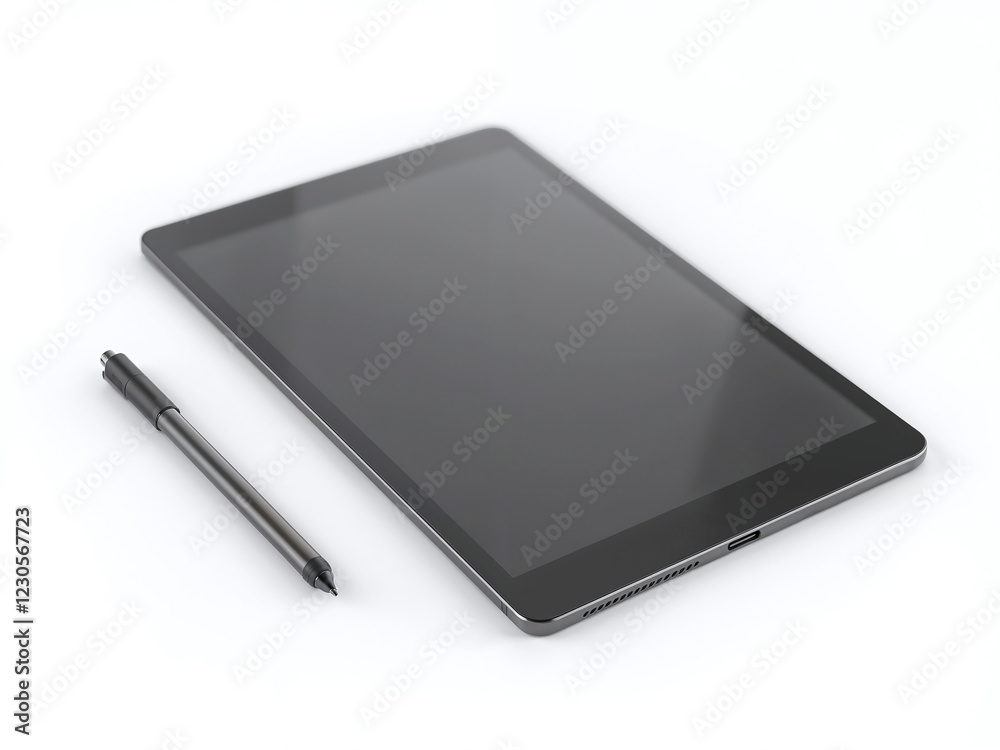 Tablet device with a blank screen, with a stylus on the side, placeholder for mockup, isolated on a white background Tablet device with a blank screen, with a stylus on the side, placeholder for mockup, isolated on a white background