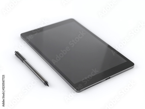 Tablet device with a blank screen, with a stylus on the side, placeholder for mockup, isolated on a white background