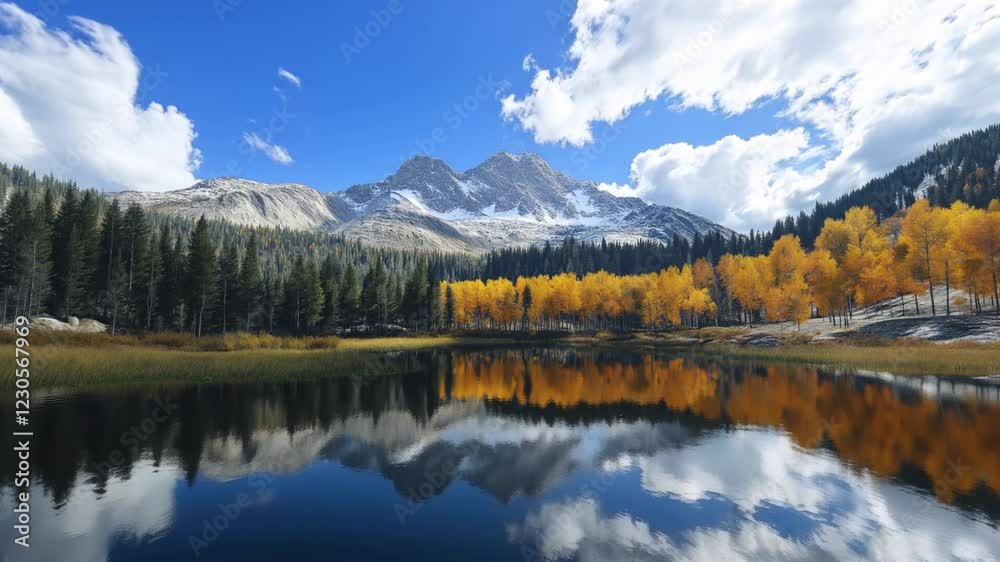 Sunny sky with clouds over a tranquil lake and autumn forest reflecting mountains Sunny sky with clouds over a tranquil lake and autumn forest reflecting mountains