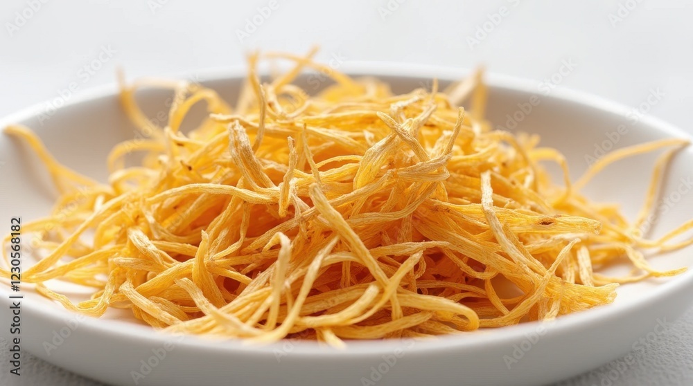Delicate Arrangement of Dried Saffron on White Ceramic Plate Delicate Arrangement of Dried Saffron on White Ceramic Plate