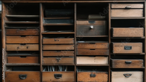 Antique wooden cabinet with many drawers, some open, revealing old papers and items.