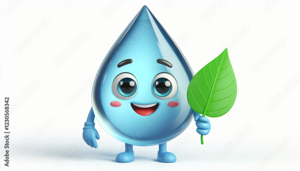 Water drop cartoon with a leaf. Environment and ecology concept