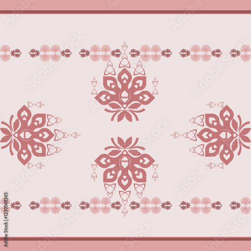 A graceful tribal textile design with vintage paisley embroidery, ikat patterns, and boho-inspired elements. The pink pastel hues bring warmth, elegance, and a touch of nostalgia.