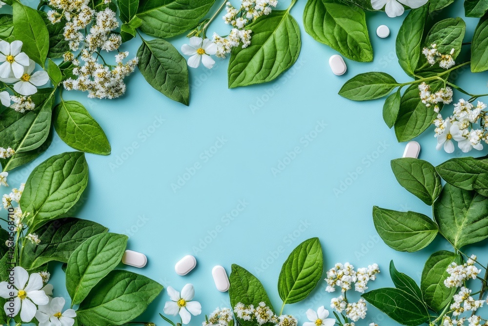 Naklejka premium Herbal Medicine Nature's Pharmacy, White Flowers Green Leaves Frame, Pastel Blue Background, Alternative Healthcare Concept